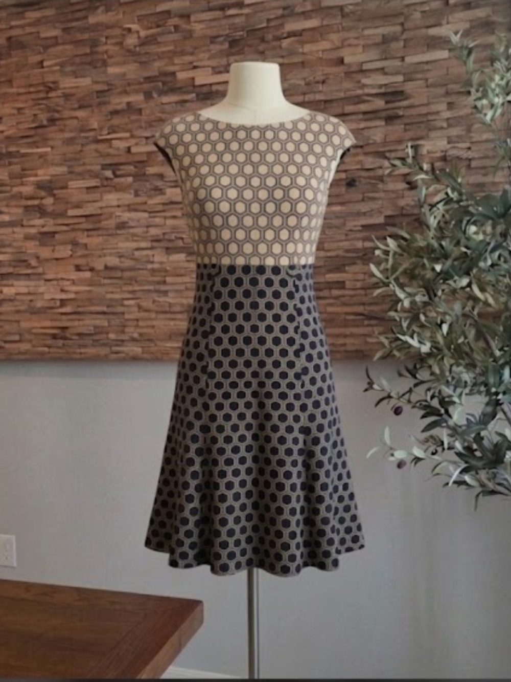 connected apparel Beige and Black Polka-Dot Fit & Flare Midi Dress
